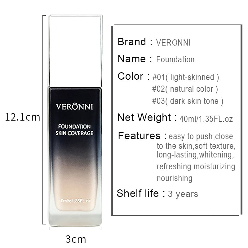 VERONNI 40ml Foundation Skin Full Coverage Concealer Oil-control Base Primer Face Makeup Soft Long Lasting Foundation