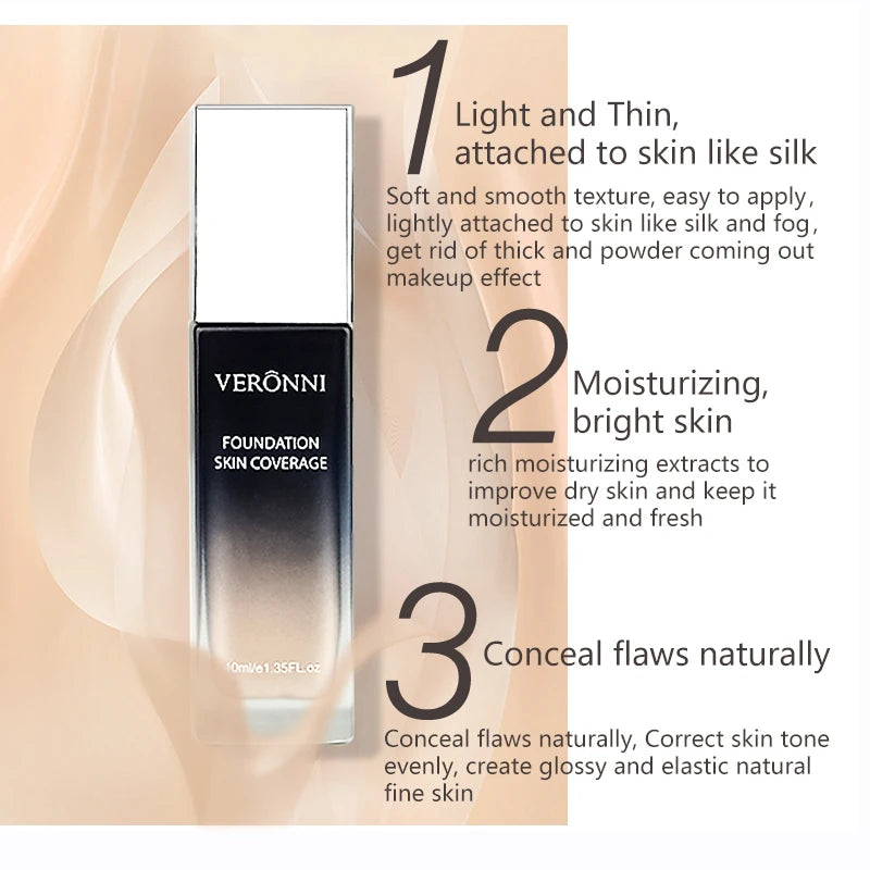 VERONNI 40ml Foundation Skin Full Coverage Concealer Oil-control Base Primer Face Makeup Soft Long Lasting Foundation