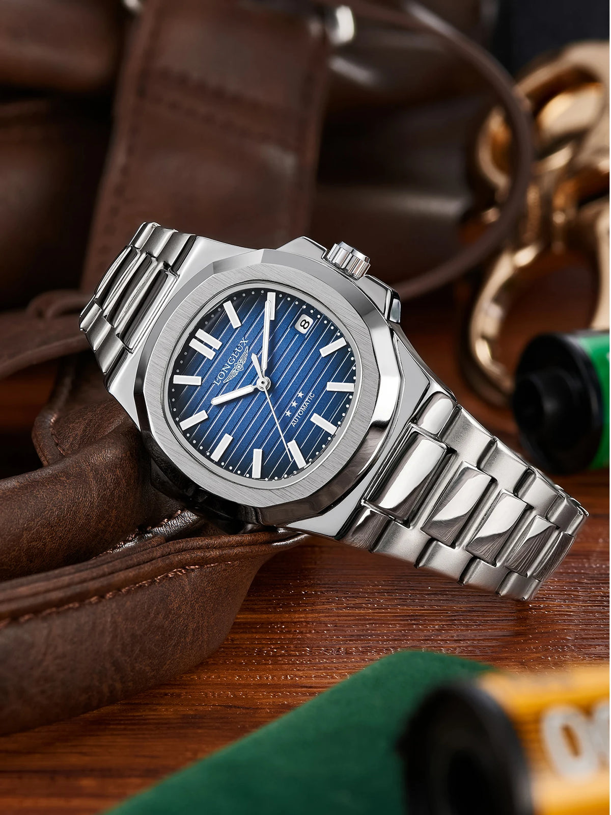 Men automatic watch business date mechanical watches waterproof stainless steel luminous luxury mens watch boyfriend gift