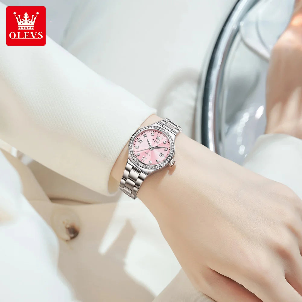 OLEVS New 5628 Quartz Watch for Women Steel Strap Zircon Bezel Auto Date Waterproof Rhombus Mirror Original Ladies Dress Watches
