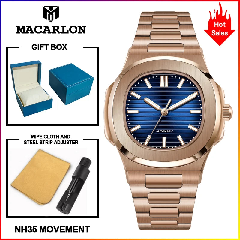2026 MACARLON Design New Nautilus Style Mechanical Watch Men Sapphire Glass Luminous Stainless Steel Waterproof Automatic Watch