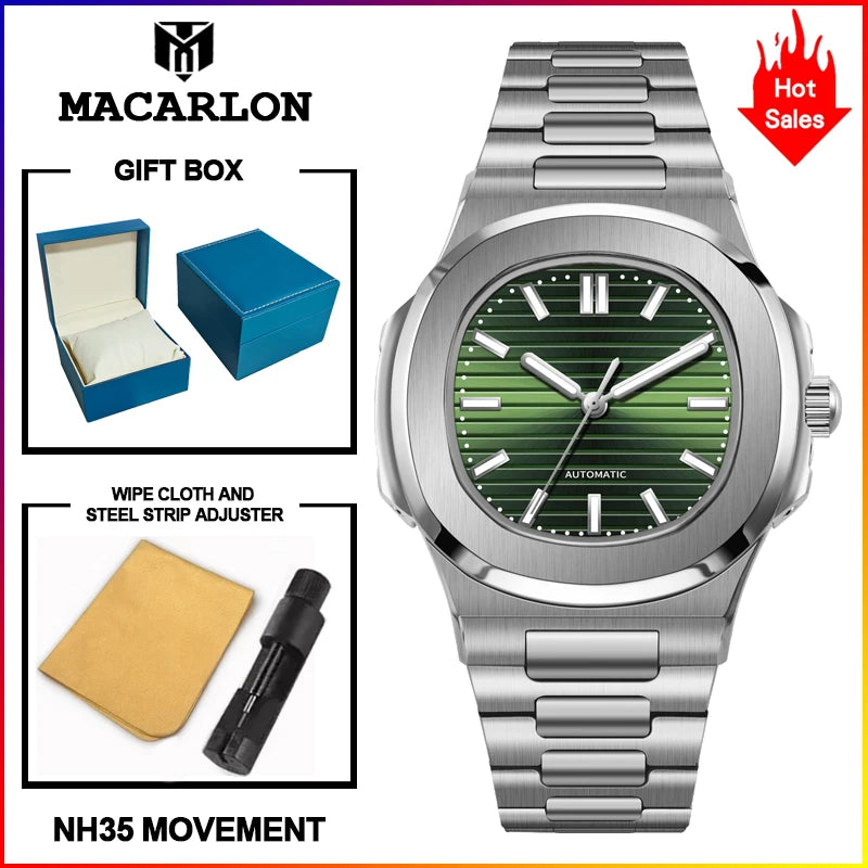 2026 MACARLON Design New Nautilus Style Mechanical Watch Men Sapphire Glass Luminous Stainless Steel Waterproof Automatic Watch