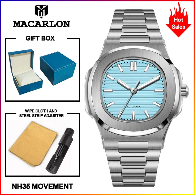 2026 MACARLON Design New Nautilus Style Mechanical Watch Men Sapphire Glass Luminous Stainless Steel Waterproof Automatic Watch