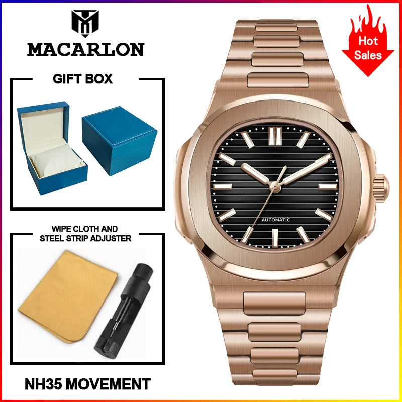 2026 MACARLON Design New Nautilus Style Mechanical Watch Men Sapphire Glass Luminous Stainless Steel Waterproof Automatic Watch