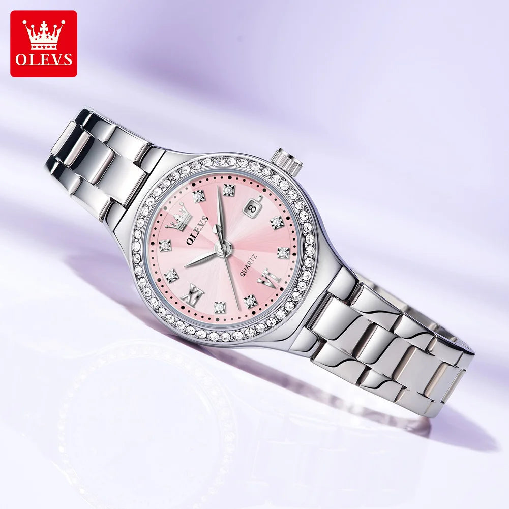 OLEVS New 5628 Quartz Watch for Women Steel Strap Zircon Bezel Auto Date Waterproof Rhombus Mirror Original Ladies Dress Watches