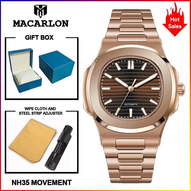 2026 MACARLON Design New Nautilus Style Mechanical Watch Men Sapphire Glass Luminous Stainless Steel Waterproof Automatic Watch