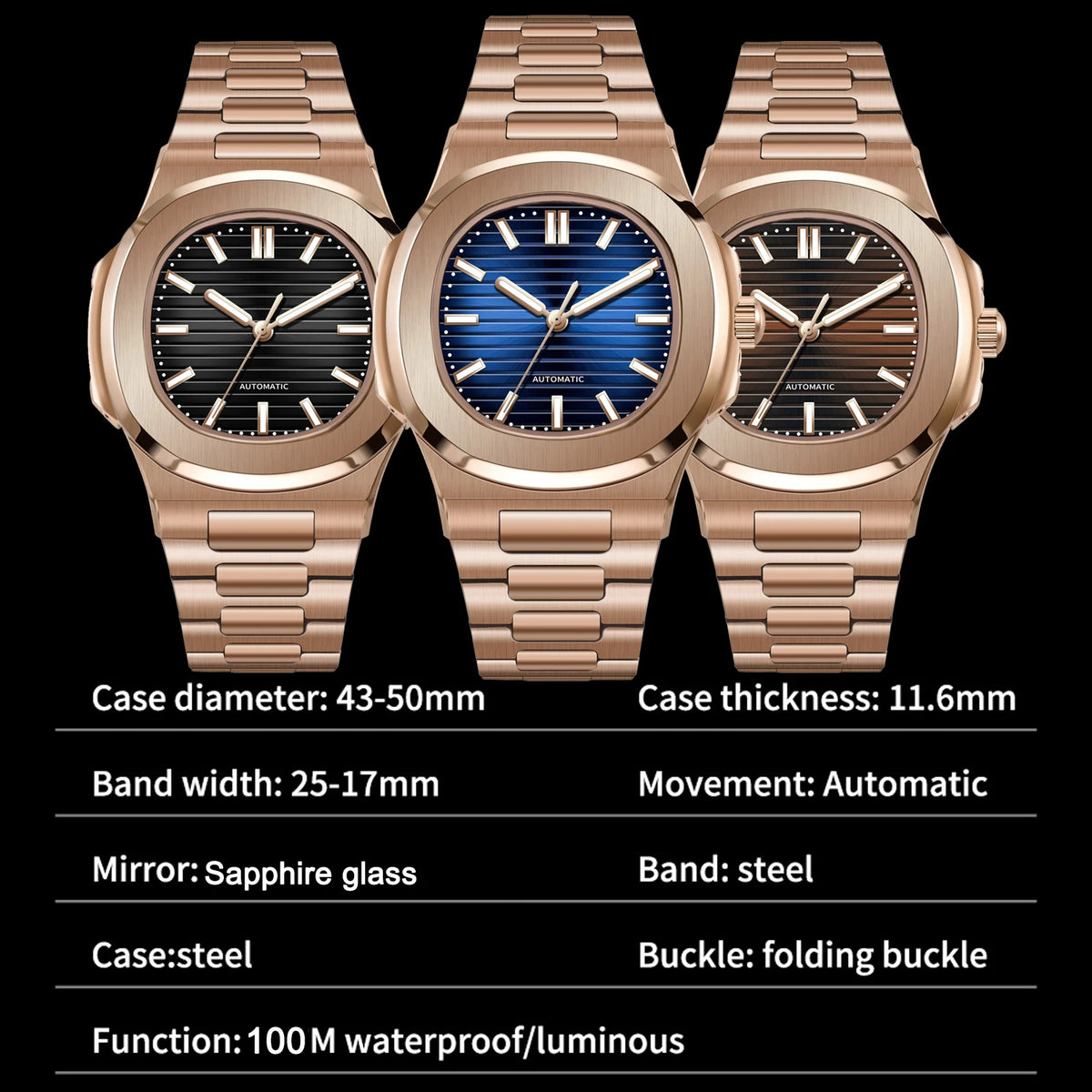2026 MACARLON Design New Nautilus Style Mechanical Watch Men Sapphire Glass Luminous Stainless Steel Waterproof Automatic Watch