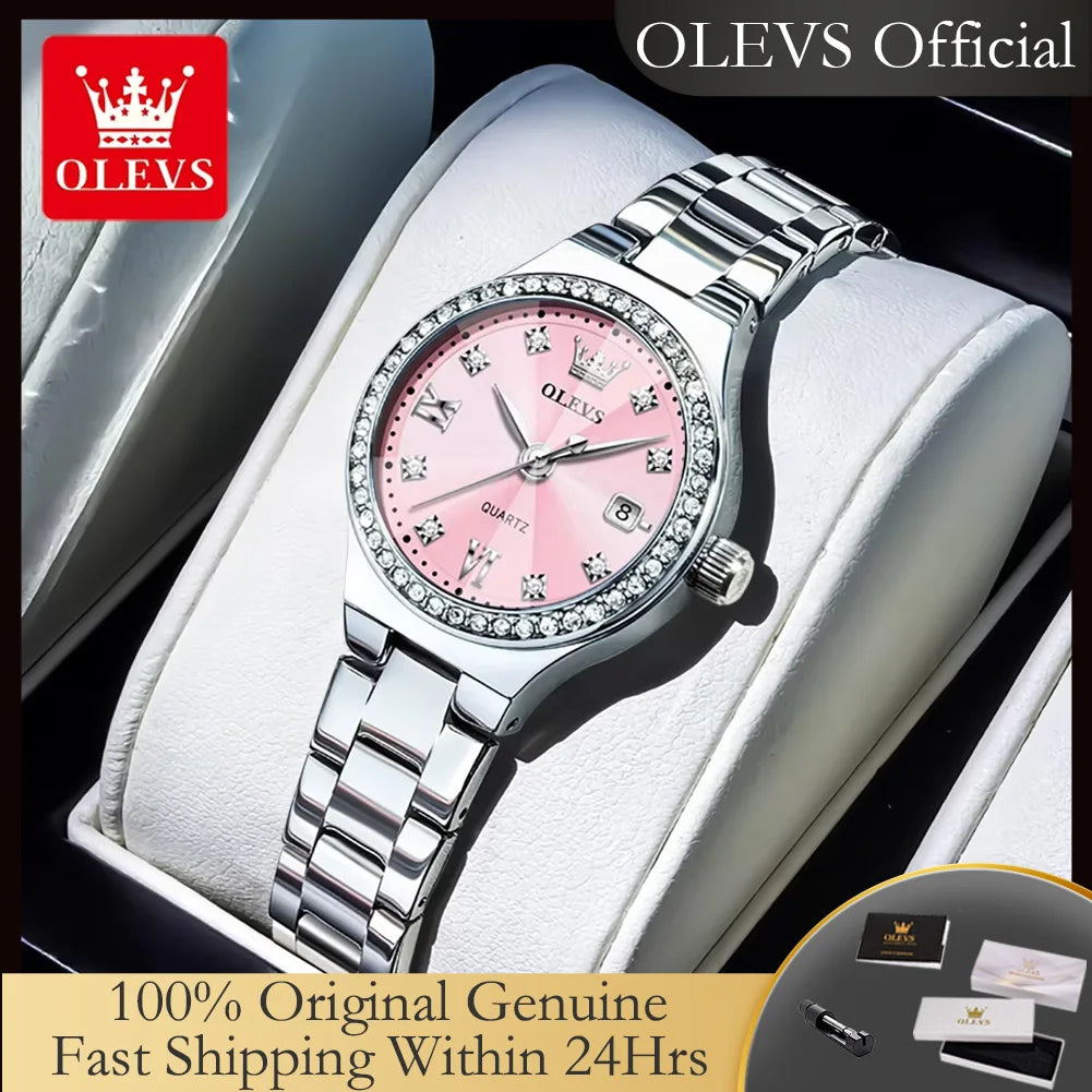 OLEVS New 5628 Quartz Watch for Women Steel Strap Zircon Bezel Auto Date Waterproof Rhombus Mirror Original Ladies Dress Watches