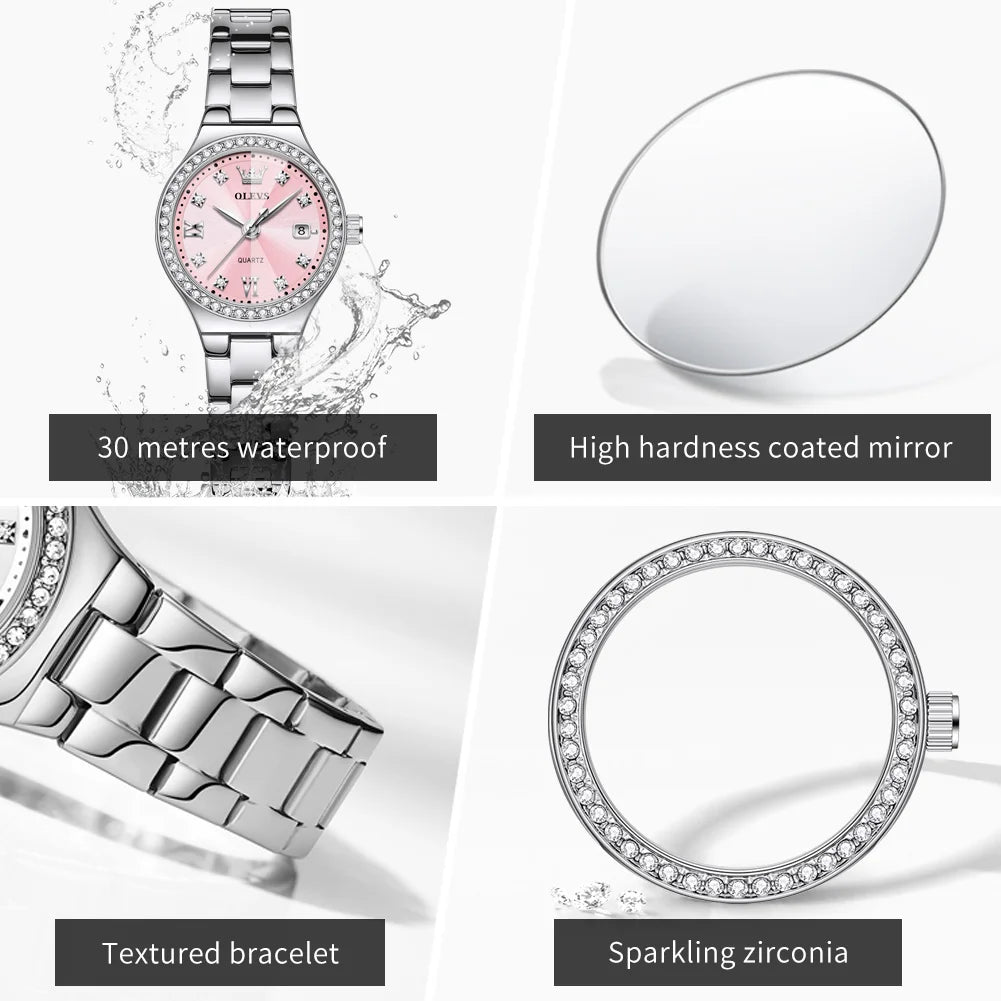 OLEVS New 5628 Quartz Watch for Women Steel Strap Zircon Bezel Auto Date Waterproof Rhombus Mirror Original Ladies Dress Watches