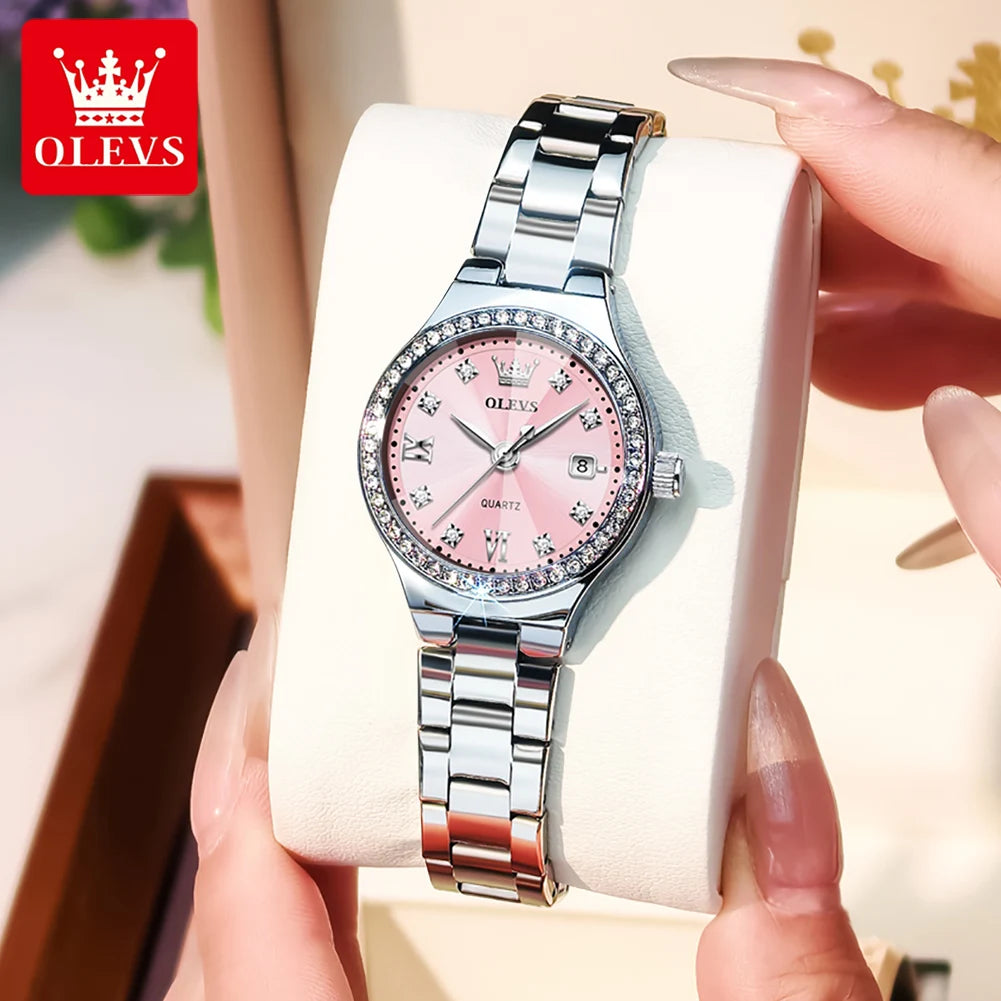 OLEVS New 5628 Quartz Watch for Women Steel Strap Zircon Bezel Auto Date Waterproof Rhombus Mirror Original Ladies Dress Watches