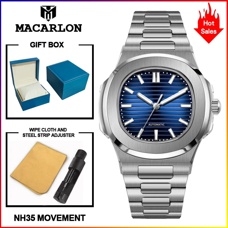 2026 MACARLON Design New Nautilus Style Mechanical Watch Men Sapphire Glass Luminous Stainless Steel Waterproof Automatic Watch