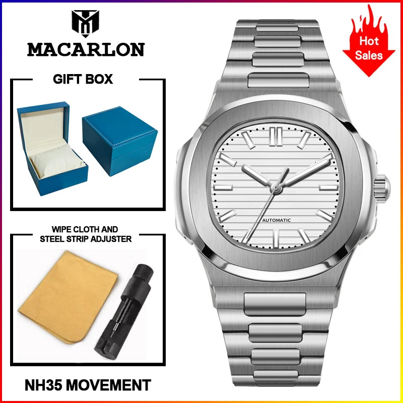 2026 MACARLON Design New Nautilus Style Mechanical Watch Men Sapphire Glass Luminous Stainless Steel Waterproof Automatic Watch