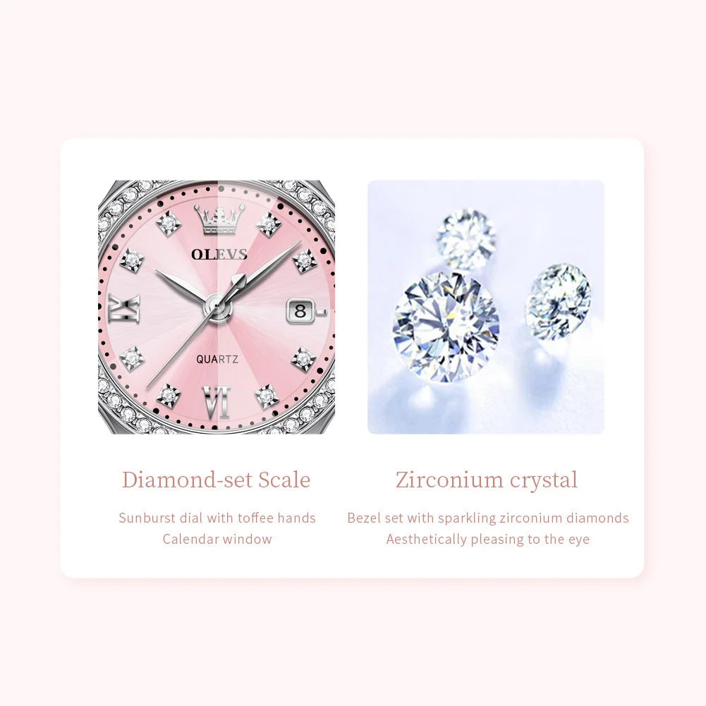 OLEVS New 5628 Quartz Watch for Women Steel Strap Zircon Bezel Auto Date Waterproof Rhombus Mirror Original Ladies Dress Watches