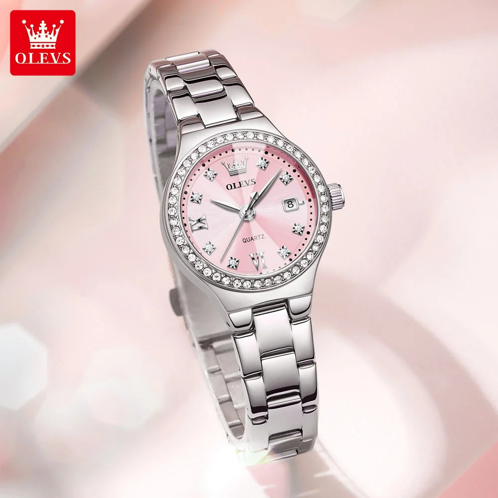 OLEVS New 5628 Quartz Watch for Women Steel Strap Zircon Bezel Auto Date Waterproof Rhombus Mirror Original Ladies Dress Watches